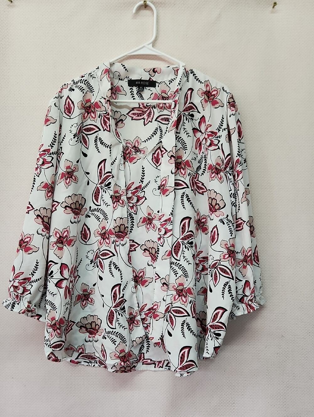 Rue Rose White Floral Tie-Neck Blouse with Pink Accents